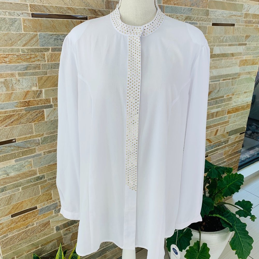 DIANE GILMAN WHITE SHEER SHIRT GOLD ACCT SZ XL NWT
